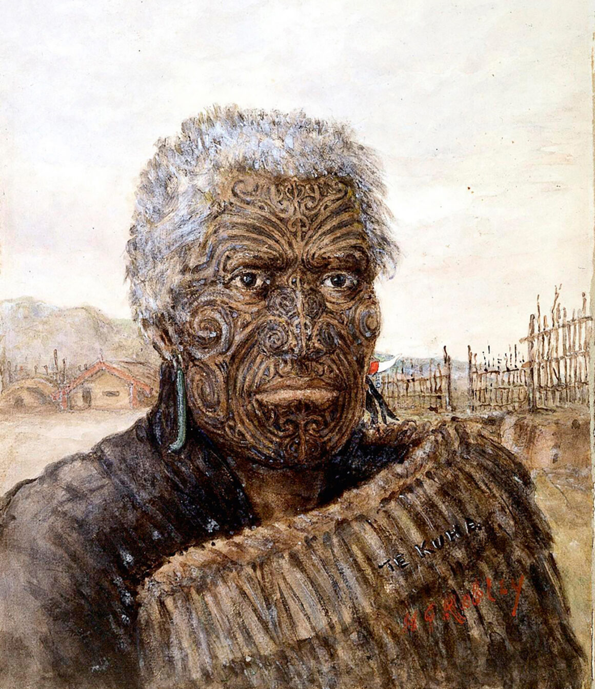Title: Te Kuha: a carver and warrior. Watercolour by H.G. Robley